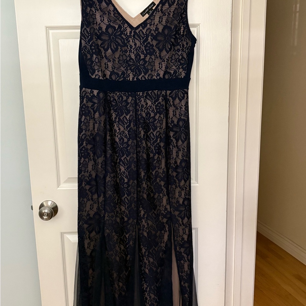 Candalite Petite Formal Dark Blue Lace Formal Maxi Short sleeve Maxi Dress